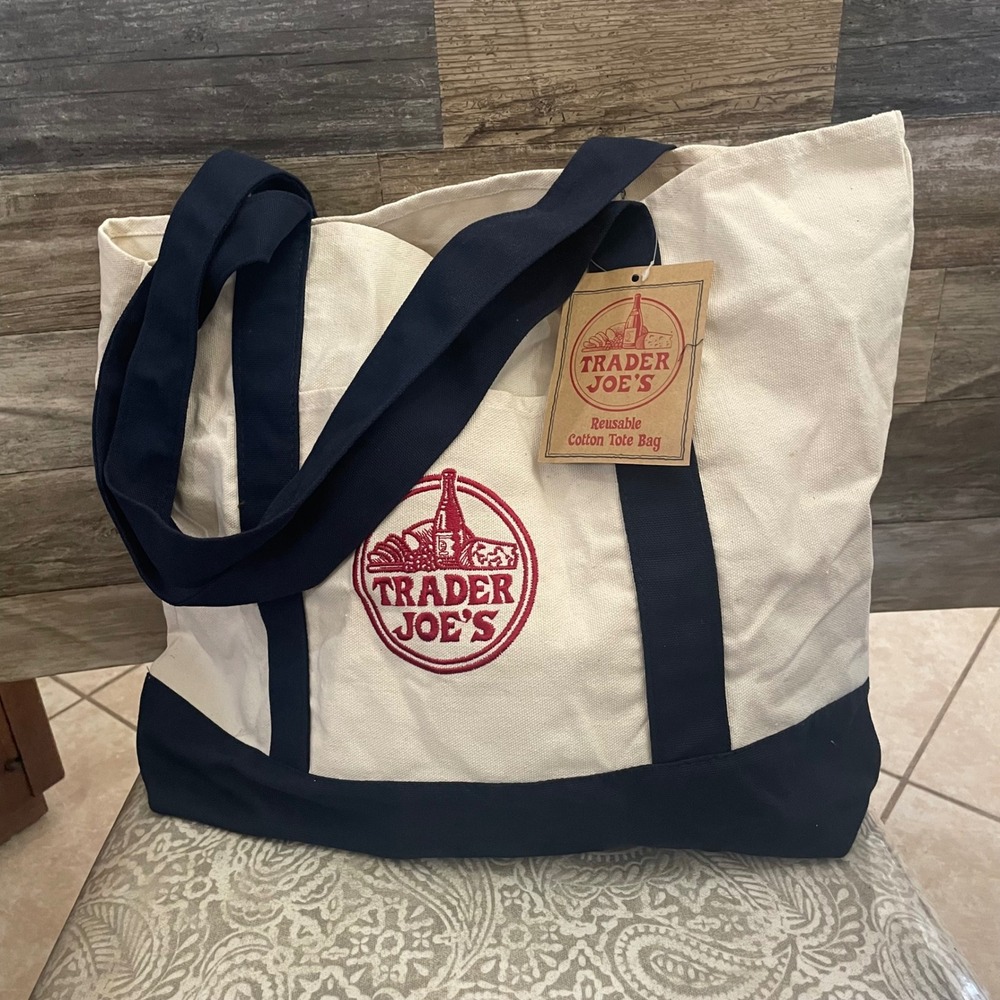 Trader Joe's Reusable Cotton Tote Bag Navy Blue Canvas Grocery Shopper NWT